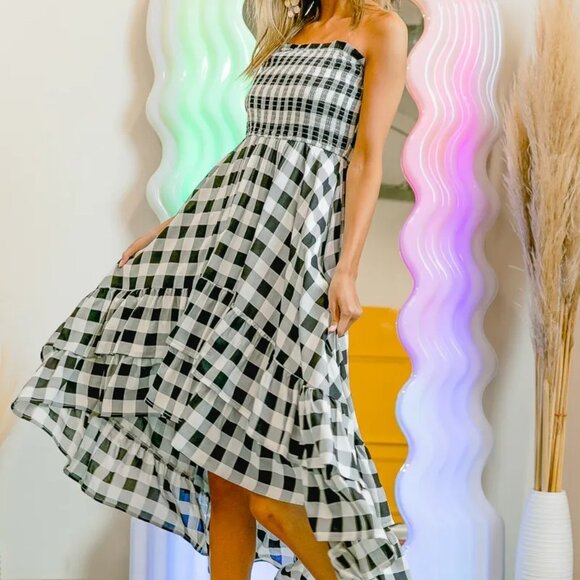 BiBi Dresses & Skirts - BiBi Smocked Body Off Shoulder Check Dress